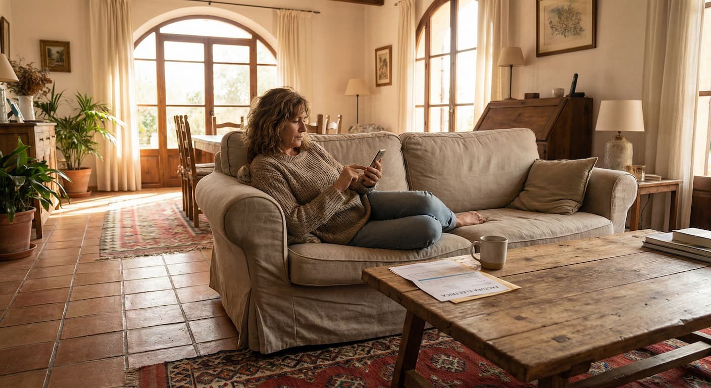 Persona revisando factura de la luz con calma en su hogar